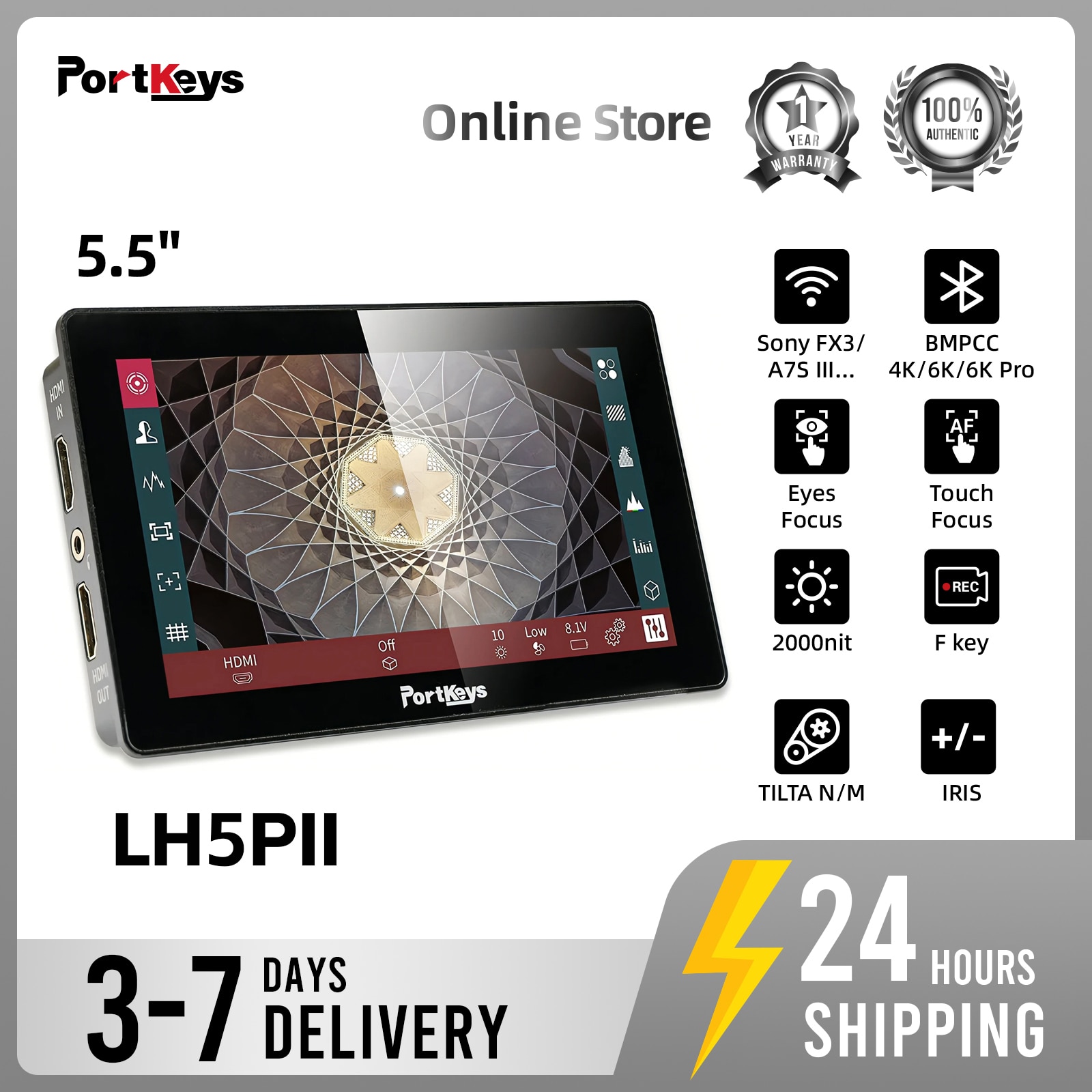 Portkeys LH5P II ī޶ ʵ ,  , BMPCC 4K, 6K, 6K ,  FX3, 5.5 ġ, 2200nit IPS ޴ Ʃ 
